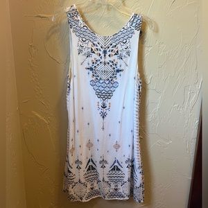 Classy White Dress with blue and tan pattern print